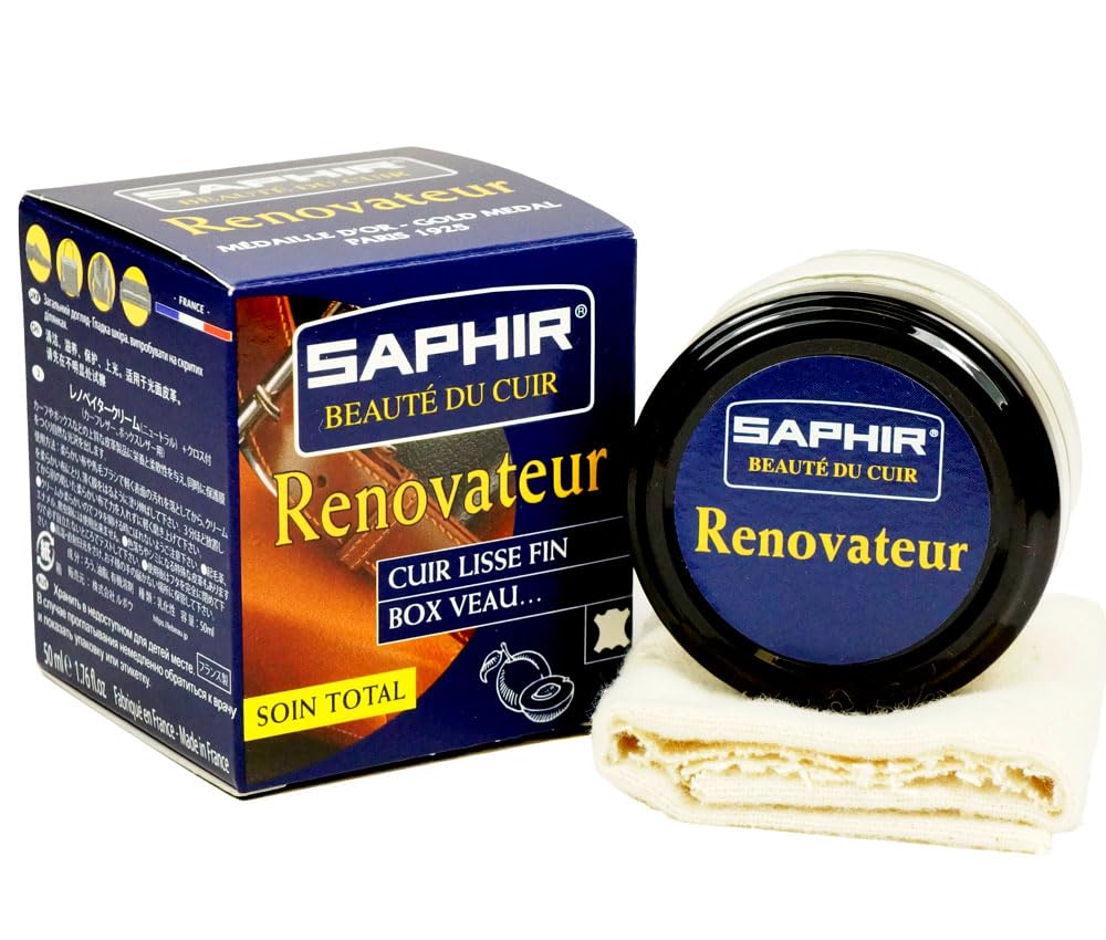 SAPHIR Saphir Beauté du Cuir Renovating Leather Cleaner - Cleans, Nourishes, Protects and Shines - Chamois Cleaning Clot